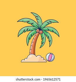 Coconut tree Green leaves with a ball on the beach in summer, vector design and isolated background.