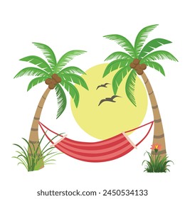 Coconut tree and hammock vector. Summer element. Hello summer concept. Cartoon flat vector isolated on white background.