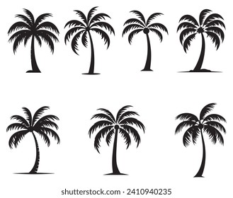 Juego de iconos del árbol de coco. Ilustración vectorial de color negro sobre blanco.