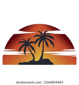 Coconut tree icon, sun, sunset, shadow, silhouette. Vector illustration.