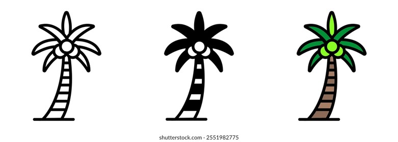 Coconut Tree icon is a tropical palm tree known for its tall trunk, large fronds, and coconuts, symbolizing tropical paradise.