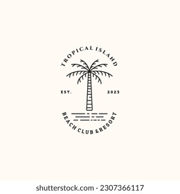 diseño de ilustración minimalista de la línea de la isla de los cocoteros, diseño de símbolo de la isla del paraíso