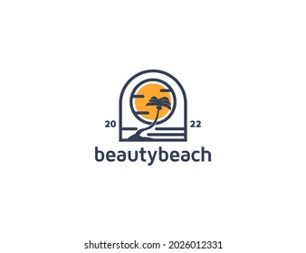 Coconut tree island with sun logo illustration. coco tree with sunset beach