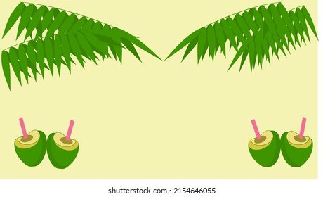 Coconut tree leaves and coconuts with straw, the background is light yellowish like sea shore. The illustration represents a summer day at sea beach.   