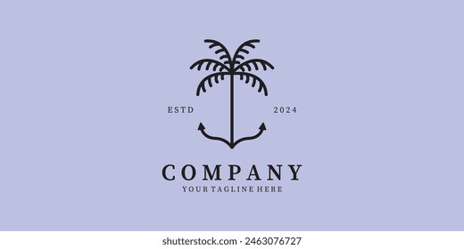 coconut tree logo with anchor line art vector icon illustration minimalist design