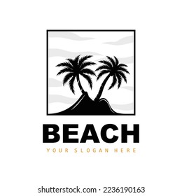 Logotipo De Árbol De Coco Con Atmósfera De Playa, Vector De Plantas De Playa, Diseño De Vista De Amanecer