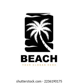 Coconut Tree Logo With Beach Atmosphere, Beach Plant Vector, Sunset View Design