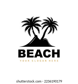 Coconut Tree Logo With Beach Atmosphere, Beach Plant Vector, Sunset View Design