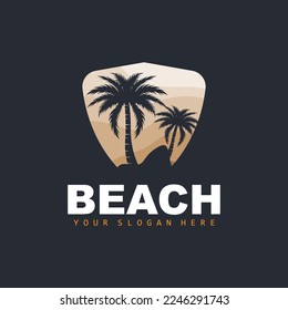Coconut Tree Logo With Beach Atmosphere, Beach Plant Vector, Sunset View Design