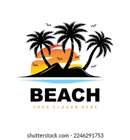 Logotipo De Árbol De Coco Con Atmósfera De Playa, Vector De Plantas De Playa, Diseño De Vista De Amanecer