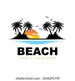 Coconut Tree Logo With Beach Atmosphere, Beach Plant Vector, Sunset View Design