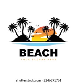 Coconut Tree Logo With Beach Atmosphere, Beach Plant Vector, Sunset View Design