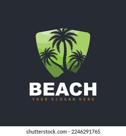 Logotipo De Árbol De Coco Con Atmósfera De Playa, Vector De Plantas De Playa, Diseño De Vista De Amanecer