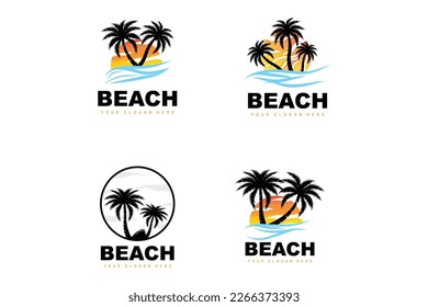 Coconut Tree Logo With Beach Atmosphere, Beach Plant Vector, Sunset View Design