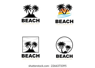 Coconut Tree Logo With Beach Atmosphere, Beach Plant Vector, Sunset View Design