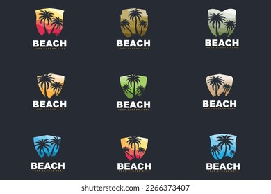 Logotipo De Árbol De Coco Con Atmósfera De Playa, Vector De Plantas De Playa, Diseño De Vista De Amanecer