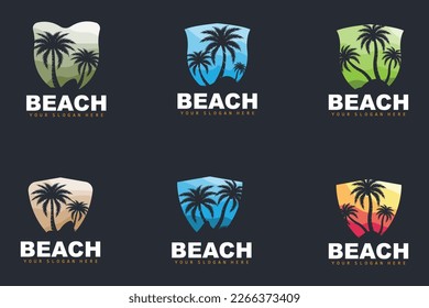 Coconut Tree Logo With Beach Atmosphere, Beach Plant Vector, Sunset View Design
