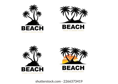 Coconut Tree Logo With Beach Atmosphere, Beach Plant Vector, Sunset View Design