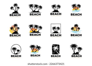 Coconut Tree Logo With Beach Atmosphere, Beach Plant Vector, Sunset View Design
