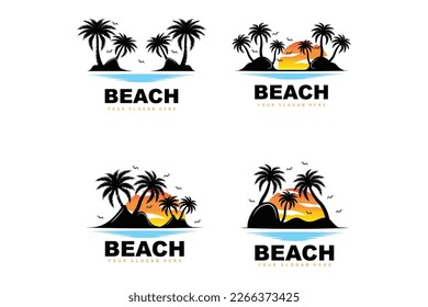 Logotipo De Árbol De Coco Con Atmósfera De Playa, Vector De Plantas De Playa, Diseño De Vista De Amanecer