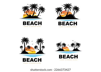 Coconut Tree Logo With Beach Atmosphere, Beach Plant Vector, Sunset View Design