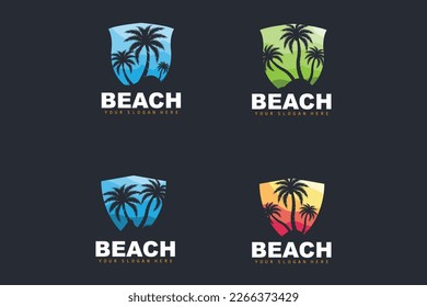 Coconut Tree Logo With Beach Atmosphere, Beach Plant Vector, Sunset View Design