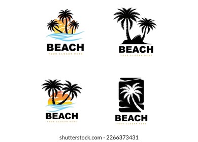 Coconut Tree Logo With Beach Atmosphere, Beach Plant Vector, Sunset View Design