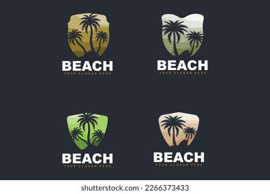 Coconut Tree Logo With Beach Atmosphere, Beach Plant Vector, Sunset View Design