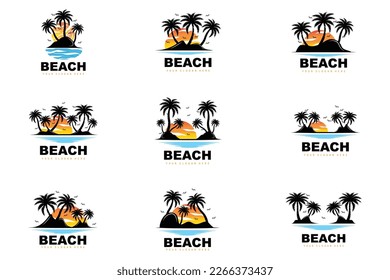 Logotipo De Árbol De Coco Con Atmósfera De Playa, Vector De Plantas De Playa, Diseño De Vista De Amanecer