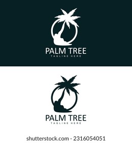 Coconut Tree Logo, Palm Tree Sunset Beach Vector, Elegant Minimalist Simple Design, Symbol Template Icon