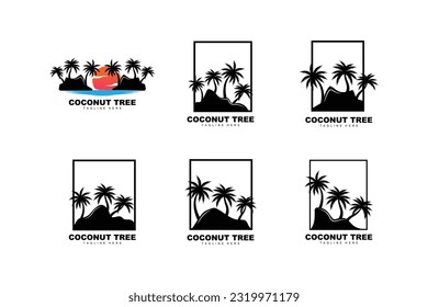 Coconut Tree Logo, Palm Tree Sunset Beach Vector, Elegant Minimalist Simple Design, Symbol Template Icon