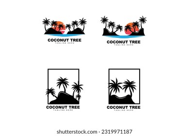 Coconut Tree Logo, Palm Tree Sunset Beach Vector, Elegant Minimalist Simple Design, Symbol Template Icon