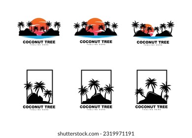 Logotipo de árbol de coco, vector de playa de sol de árbol de palmera, diseño simple minimalista elegante, icono de plantilla de símbolo