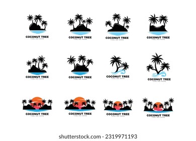 Coconut Tree Logo, Palm Tree Sunset Beach Vector, Elegant Minimalist Simple Design, Symbol Template Icon