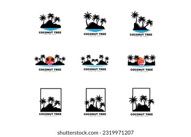 Coconut Tree Logo, Palm Tree Sunset Beach Vector, Elegant Minimalist Simple Design, Symbol Template Icon