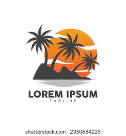 Coconut Tree Logo, Palm Tree Sunset Beach Vector, Elegant Minimalist Simple Design, Symbol Template Icon