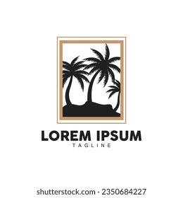 Coconut Tree Logo, Palm Tree Sunset Beach Vector, Elegant Minimalist Simple Design, Symbol Template Icon