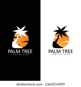 Coconut Tree Logo, Palm Tree Sunset Beach Vector, Elegant Minimalist Simple Design, Symbol Template Icon