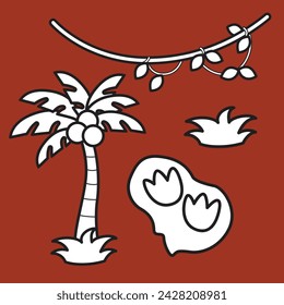 Árbol de coco Naturaleza y huella de dinosaurio Dibujo animado Digital Stamp Outline