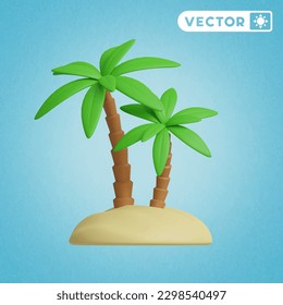 árbol de coco en la playa conjunto de iconos vectoriales 3D, en un fondo azul