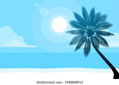 Árbol de coco en la playa con cielo azul claro y arena blanca y sol para las vacaciones de verano concepto, ilustración vectorial y fondo de fondo