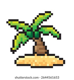 Coconut tree on the beach, pixel style, on white background.