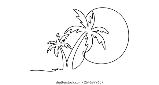 Coconut tree outline drawing illustration. one continuous line drawing of palm tree, Palms Tree continuous one line drawing, Palm tree One line drawing isolated on white background. Hand drawn.