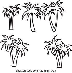 Coconut tree palm set icon in vector hand drawn style isolated on white background line art,.eps