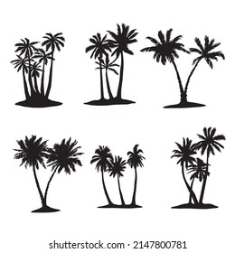 Coconut tree palm set icon in vector hand drawn style isolated on white background