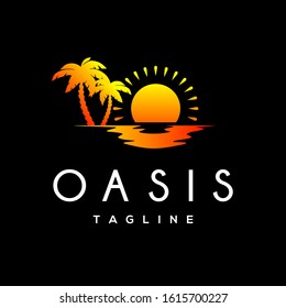 Coconut Tree Palm Tree and Sun, Oasis or Beach Logo Design Vector