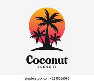 Coconut Tree Palm Tropical Beach Island Silhouette Summer Sun Sunset Holiday Vector Logo Design