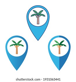 Coconut tree pin icon location with 3 styles outline color, gradient and flat