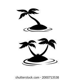 Coconut tree silhouette on small island beach illustration set