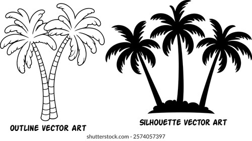 Coconut tree silhouette and outline line artwork